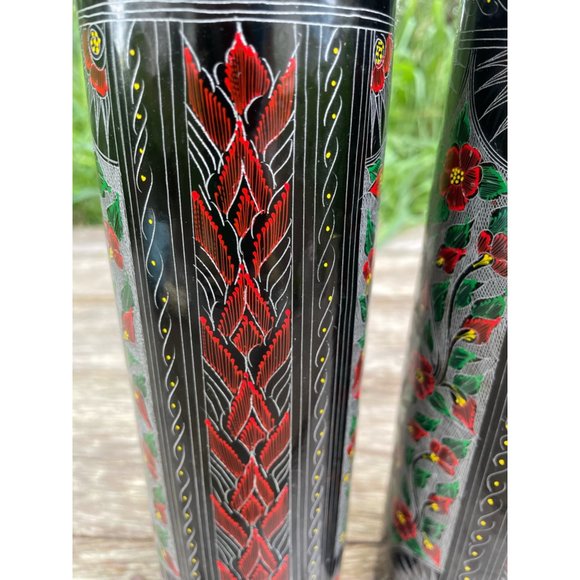 Vintage Pair Black Lacquer Wood Vases Red Etched Flowers 10" - Picture 6 of 16
